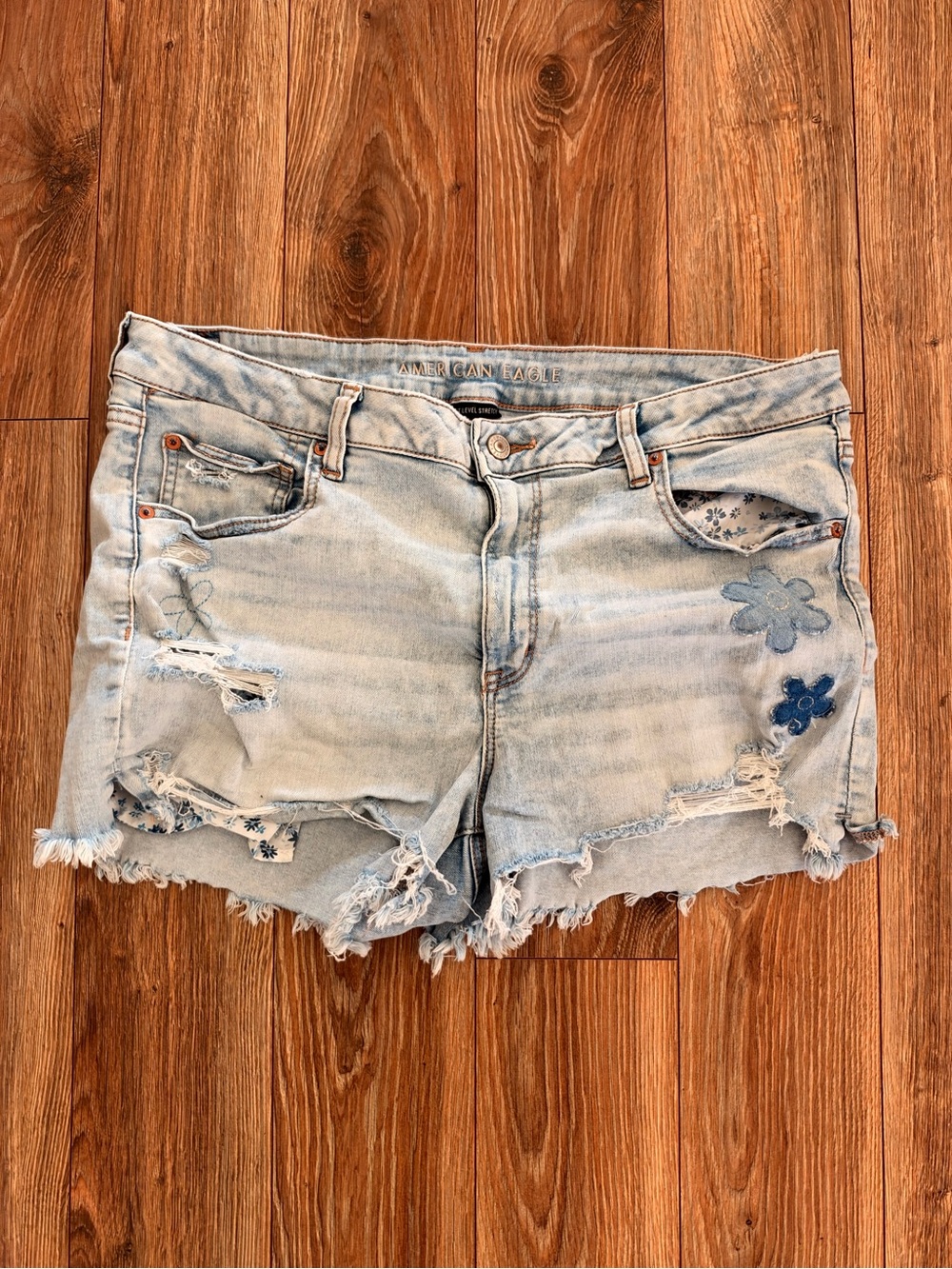 American Eagle Outfitters Light Blue Distressed Denim Shorts with Floral Patch